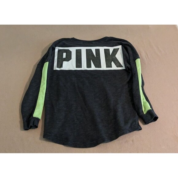 Victoria's Secret PINK Sweatshirt Women Medium Gray w Green Mesh Logo Graphic - Picture 2 of 9